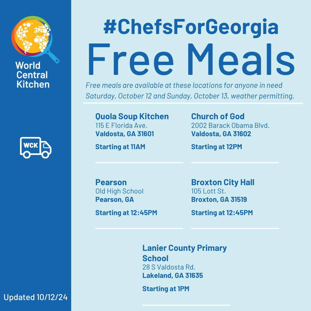 WCKitchen's tweet image. Updated 10/12: WCK will have free meals available today, October 12 and Sunday, October 13 at the following locations in Georgia for community members impacted by Hurricane Helene. Share with anyone in the area in need of support. #ChefsForGeorgia