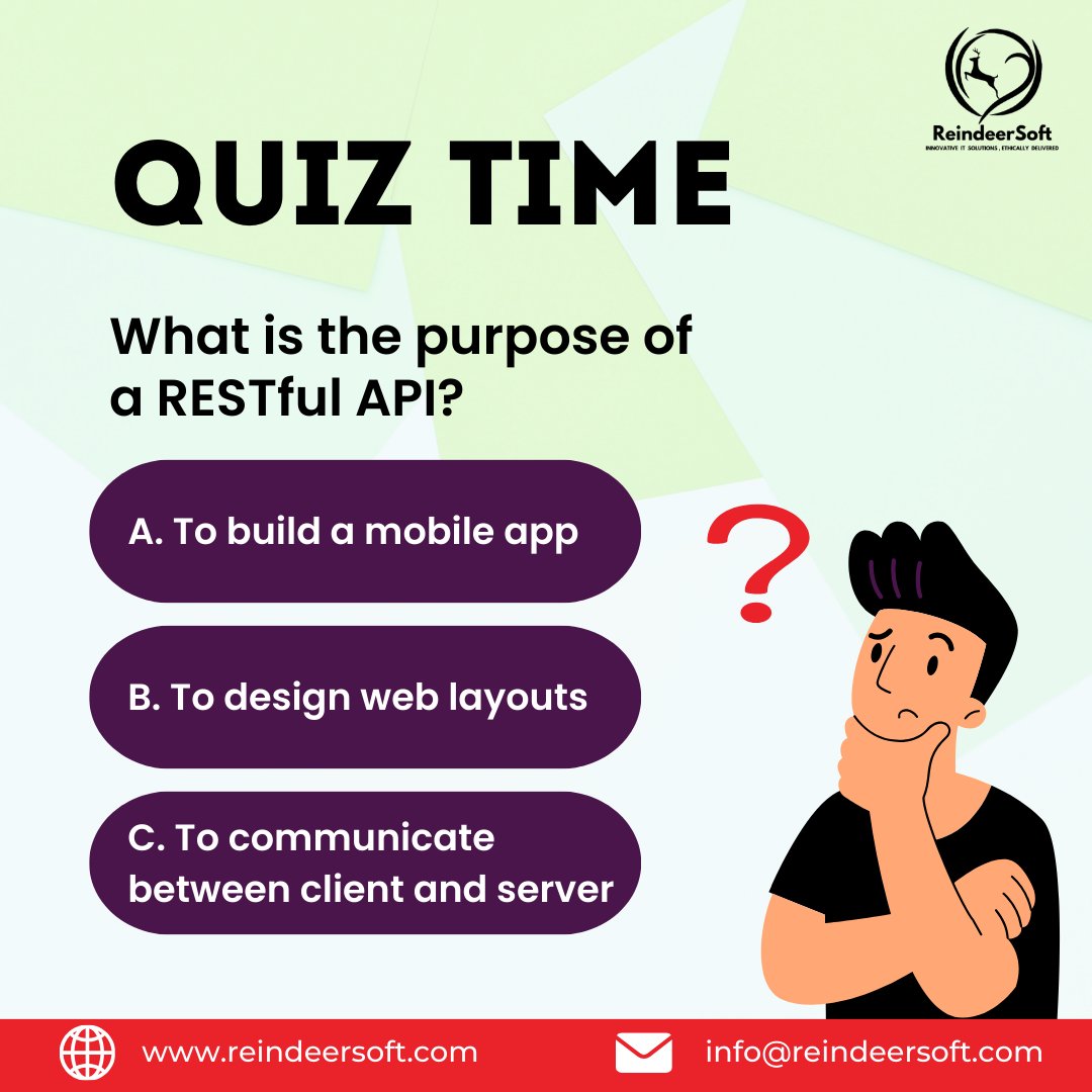 ReindeerSoft_IT's tweet image. REST API Quiz Time! 🧠💡

What is the purpose of a RESTful API? Drop your thoughts in the comments! Let’s see who nails it!

#RESTAPI #WebAPIs #APIDevelopment #Microservices #TechTrivia #CodingLife #WebDevelopment #LearnToCode #DeveloperCommunity #TechQuiz #Programming