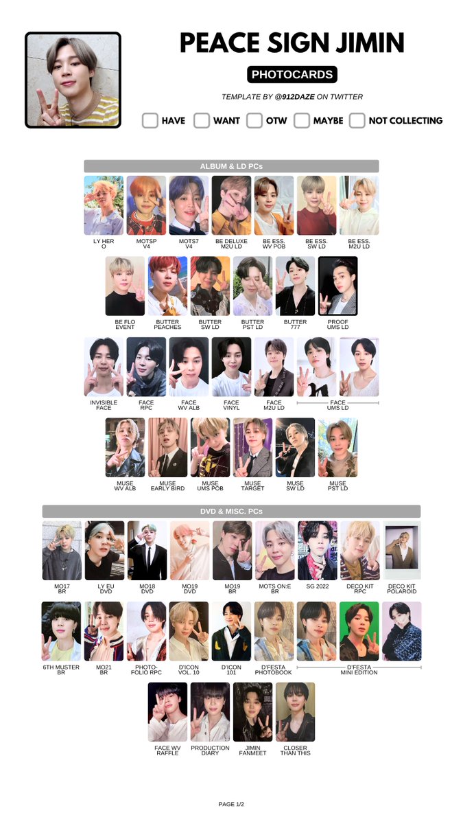BTS JIMIN PC PHOTOCARD WISHLIST TEMPLATES✨ ⭐️ PEACE SIGN JIMIN