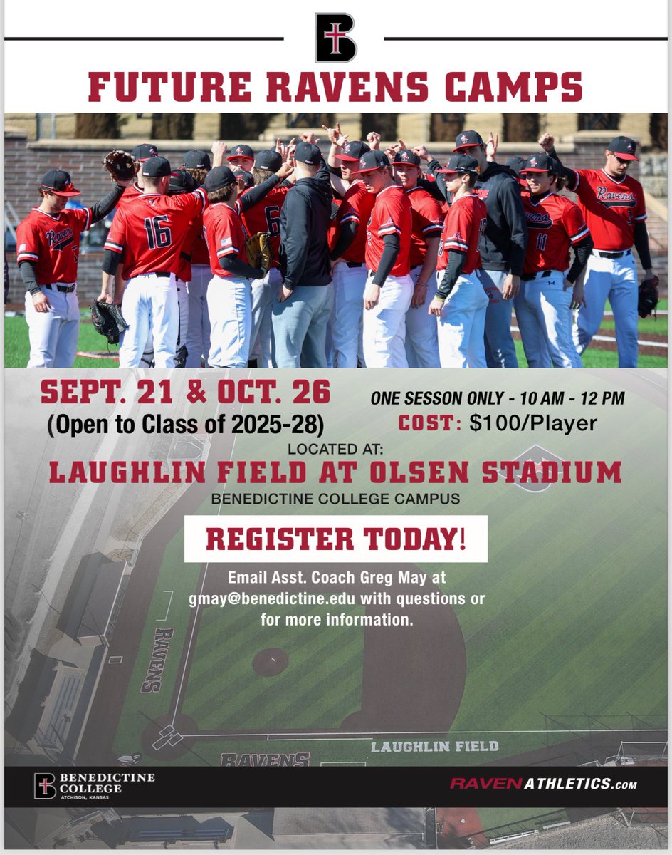 Good morning future Ravens!
We’re 2 weeks from our last Future Raven Prospect Camp of 2024. Only a handful of spaces available for camp. 2025s, 26s, 27s, 28s interested in Benedictine College and Raven Baseball come join us on the 🏝️Saturday October 26th. DM or email to sign up