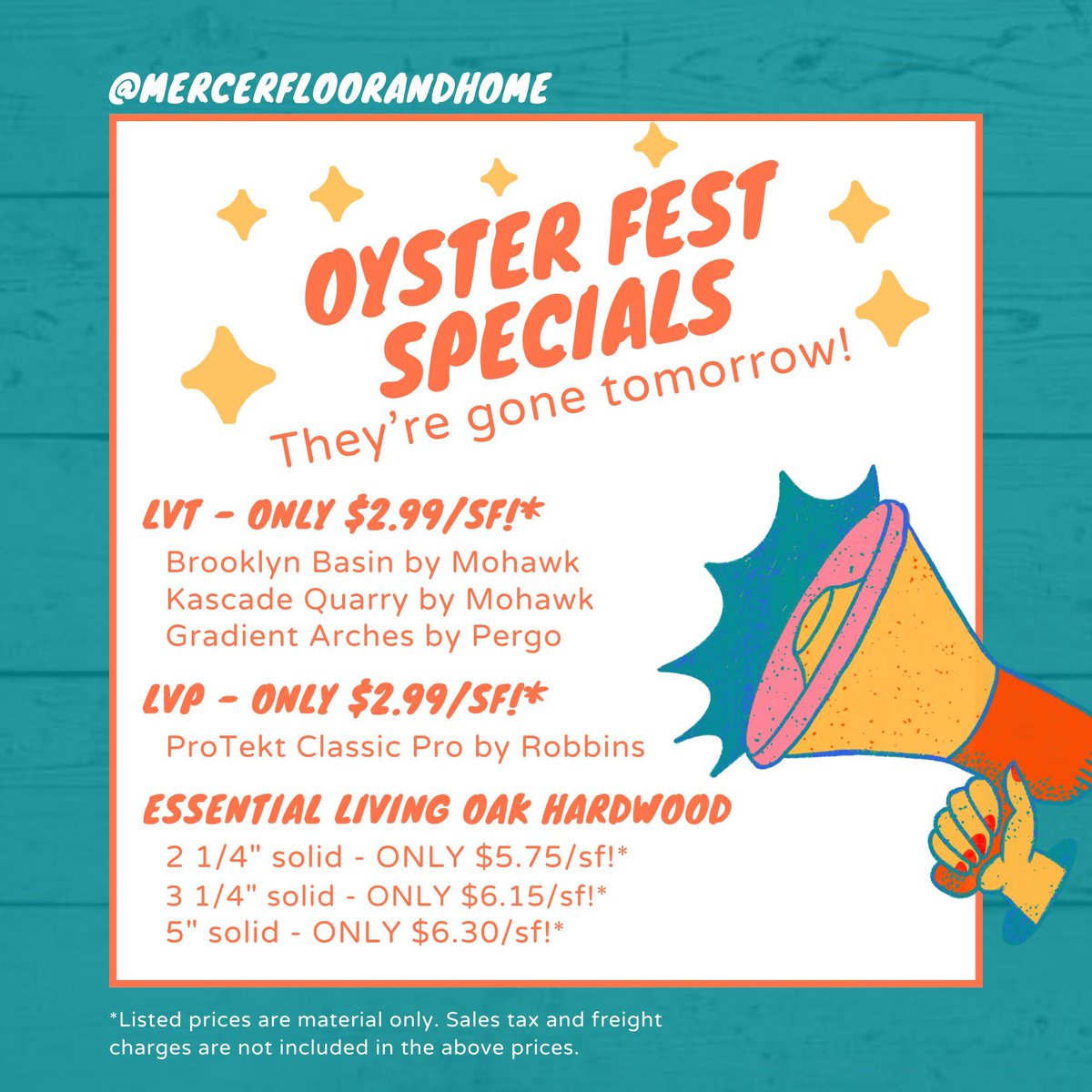 MercerFloors's tweet photo. TODAY ONLY we have some crazy good prices on premium LVT, LVP, and Solid Hardwood! Visit us today (Saturday the 12th) before 3pm to place your order or miss out! Don't forget to plan time to enjoy the Oyster Fest on Main Street while you're at it! https://t.co/QZnZaJVf9j