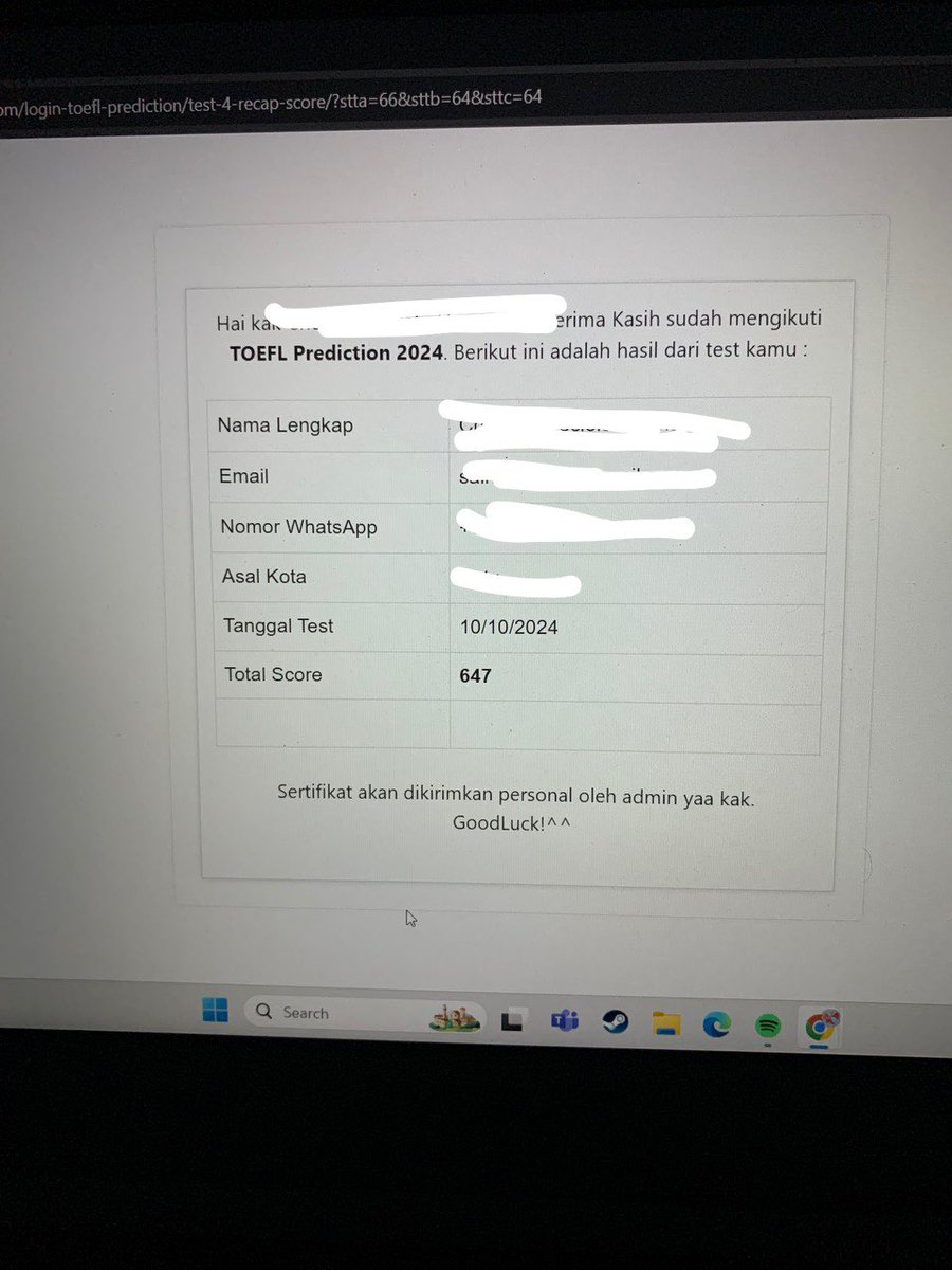 xavrelio's tweet photo. Alhamdulillah hasil toefl prediction hampir 2 bulan di kpg inggris pare 💞 https://t.co/NqZFbyhgXy