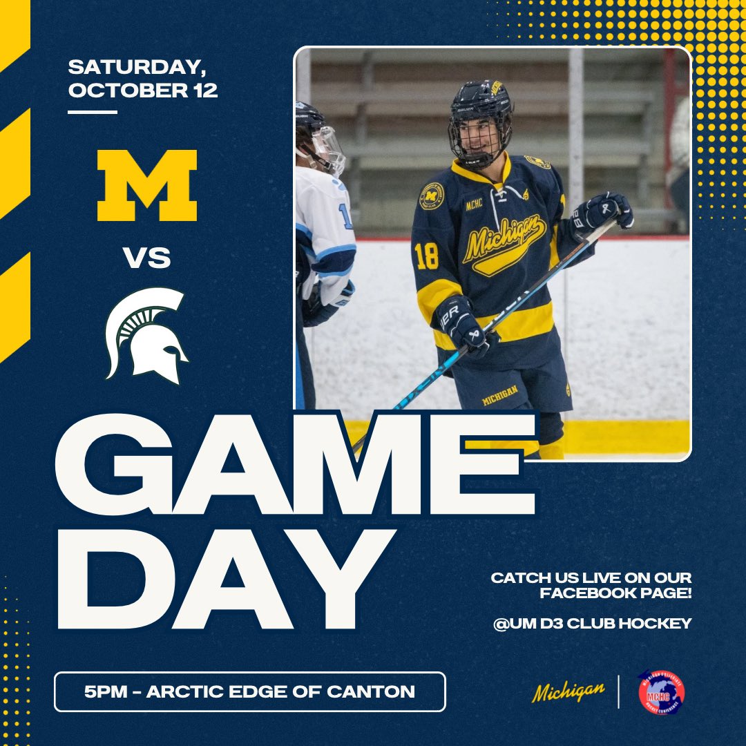 Game day.

🆚 MSU
📍 Arctic Edge of Canton
⏰ 5:00PM
📺 FB: UM D3 Club Hockey
#GoBlue〽️