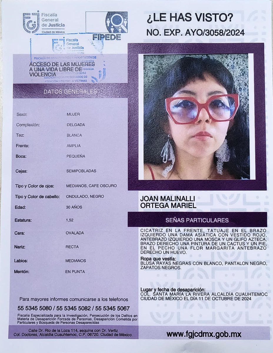 Con tristeza compartimos esta ficha. La compañera #JoanMalinalli se encuentra desaparecida. 
Una colaboradora y lectora de esta revista.
Si saben algo, no duden en comunicarse a los teléfonos aquí expuestos.
💔💔💔🫂