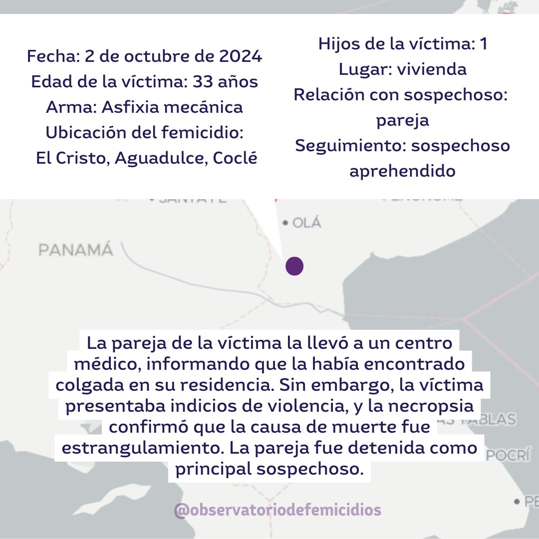 Nuevo femicidio reportado en la provincia de Coclé. La víctima, una enfermera de 35 años, fue llevada a un centro médico por su pareja, quién alegó que esta había muerto por suicidio. La necropsia reveló que fue estrangulada y la pareja fue detenida como principal sospechoso.