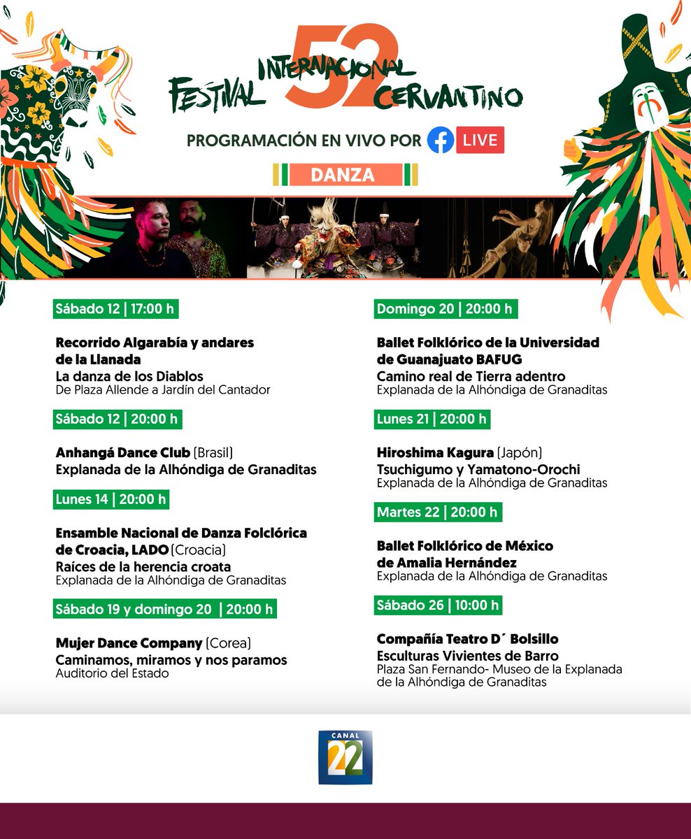 Canal22's tweet photo. 🔴Disfruta los eventos más destacados de la fiesta del 52 @cervantino, todos los días, a través de Facebook Live de #Canal22.

#CervantinoEsContigo #FiestaCervantina https://t.co/06Qk5lpFQT