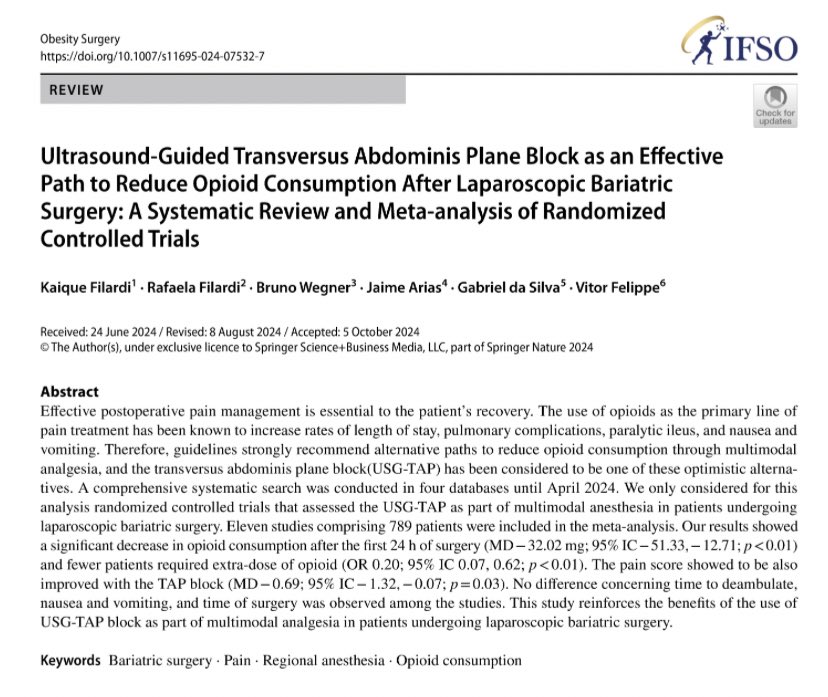 Kaique Filardi (@filardikaique) on Twitter photo Thrilled to share our latest publication on the perioperative pain management in Laparoscopic Bariatric surgery <a href="/JournalObesity/">Obesity Surgery Journal</a> <a href="/WorldObesity/">World Obesity</a>
Link: rdcu.be/dWCFX Thrilled to share our latest publication on the perioperative pain management in Laparoscopic Bariatric surgery <a href="/JournalObesity/">Obesity Surgery Journal</a> <a href="/WorldObesity/">World Obesity</a>
Link: rdcu.be/dWCFX