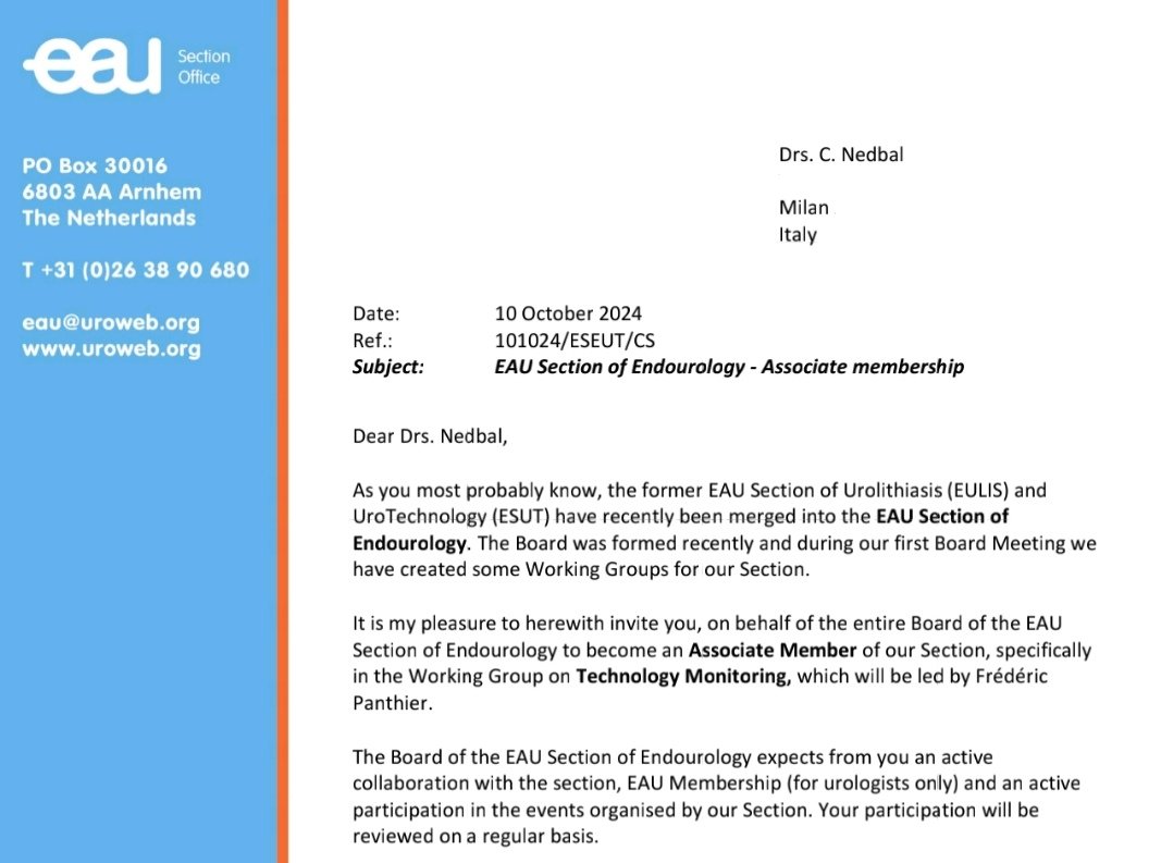 Carlotta Nedbal (@carlottanedbal) on Twitter photo Honored to join the <a href="/Uroweb/">European Association of Urology (EAU)</a> #EAU Section of #endourology #ESEUT as an Associate Member in the #TechnologyMonitoring Working Group, led by @fpanthier and headed by <a href="/OTRAXER/">Olivier Traxer</a>
Grateful for the opportunity and eager to contribute to research and new developments Honored to join the <a href="/Uroweb/">European Association of Urology (EAU)</a> #EAU Section of #endourology #ESEUT as an Associate Member in the #TechnologyMonitoring Working Group, led by @fpanthier and headed by <a href="/OTRAXER/">Olivier Traxer</a>
Grateful for the opportunity and eager to contribute to research and new developments