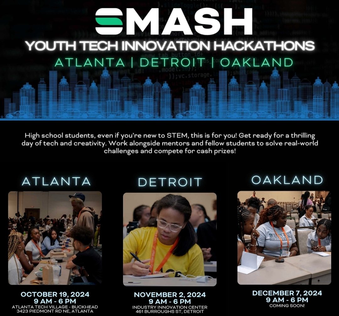 If you know of any kids in the Atlanta, Oakland, or Detroit metro areas, SMASH is hosting a High School AI Hackathon!

Heres the link to sign up students:
web.cvent.com/event/b4e86579…

Heres the link to volunteer:
docs.google.com/forms/d/e/1FAI…

Join me in Atlanta!