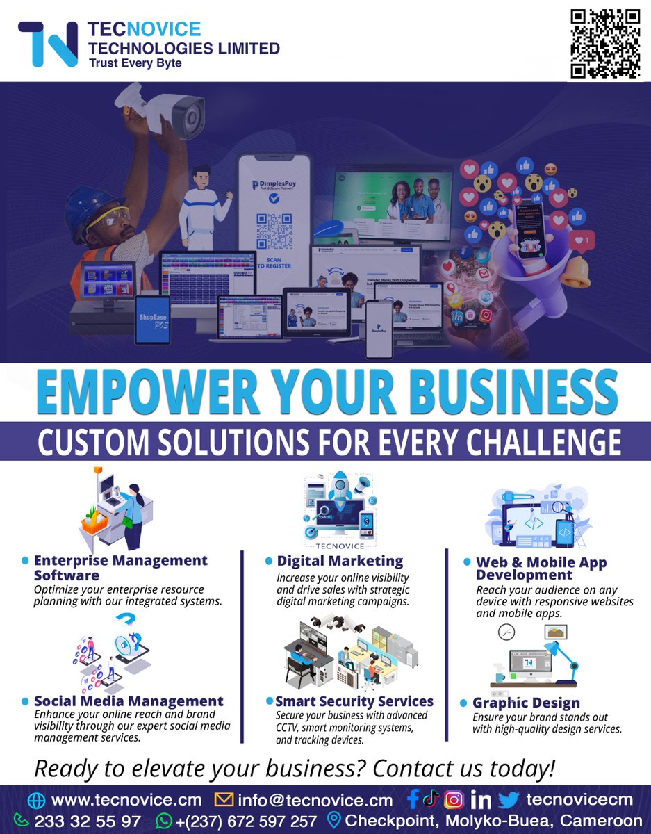 tecnovice's tweet image. Looking for all-in-one tech solutions? 🌐💻 Tecnovice Technologies has you covered with custom software development &amp;amp; IT consulting. Contact us at +237 672 597 257 or info@tecnovice.com! #TechSolutions #YourTechPartner #Innovation