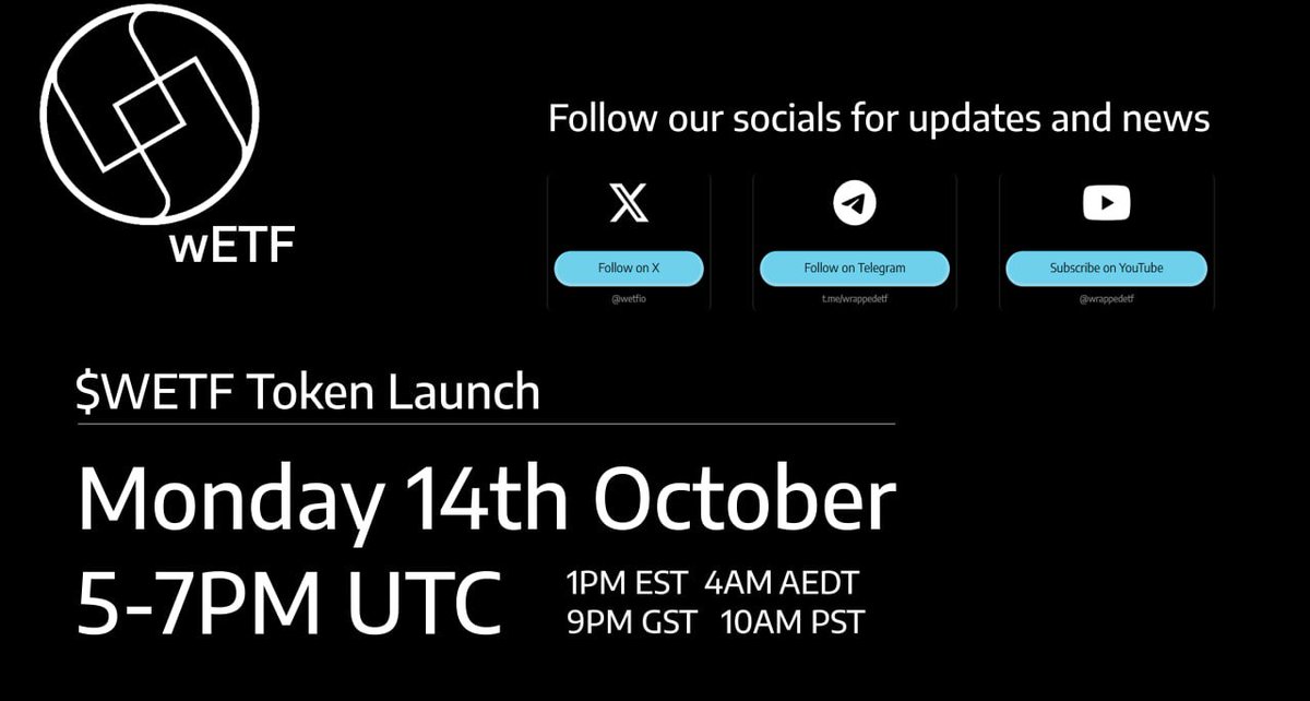 wetfio's tweet photo. $WETF Launch is on Monday between 5PM to 7PM UTC. Exact time is not disclosed. Project will launch on ETH.

The launch week will mark the launch of the first ever wETF, DAO holder's dashboard for revenue share, market analysis tools to use with wETFs and beyond and much more.

Don't fall for any fake CAs! We will open the chat after the buybot has been enabled to make sure everyone can be safe. No other $WETF token supported by team exists than the CA posted on our official channels.

Join our Telegram for more info and news https://t.co/jmRrJ2NKnI