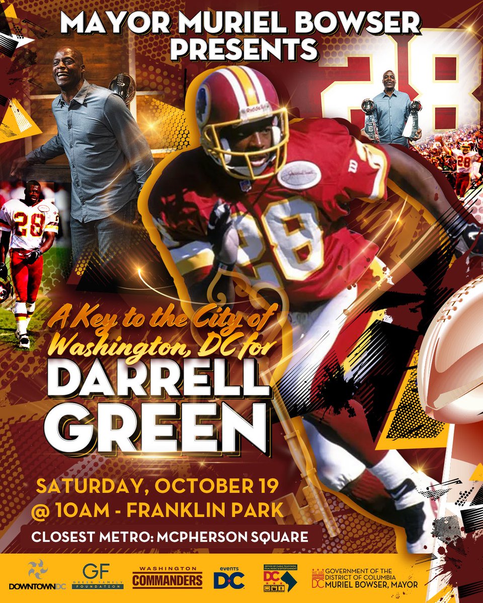 Exciting announcement! 🗝️🏈

Next weekend, we're presenting the Key to the City to football legend Darrell Green.

#BeDowntown with us to commemorate this iconic moment ⬇️