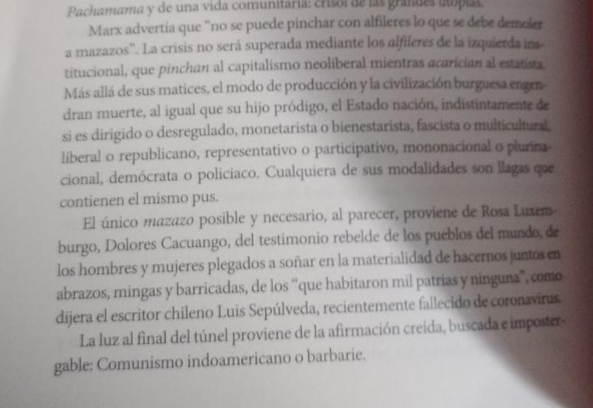 SCamuna's tweet photo. "No se puede pinchar con alfileres lo que debe ser demolido a mazazos. (...) Comunismo indoamericano o barbarie". Iza, Tapia y Madrid en el libro "Estallido". #12DeOct https://t.co/U1o2qRyAS9