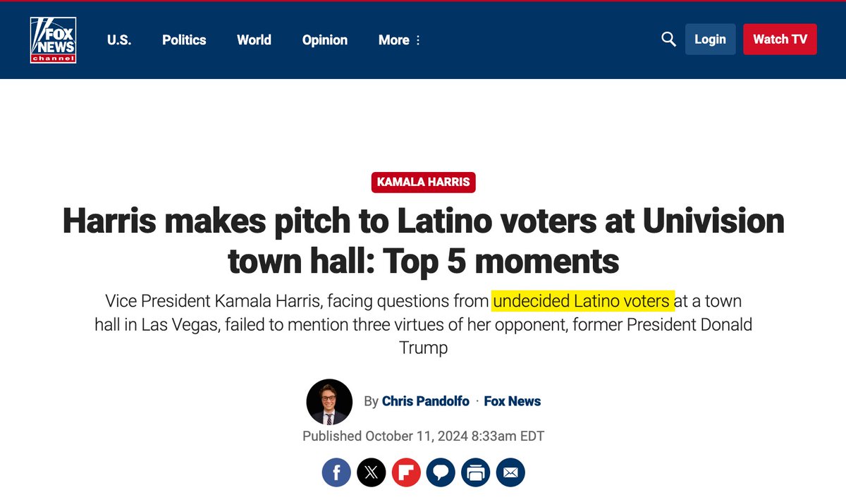 mtracey's tweet photo. Note how many media outlets repeat that this event was full of "undecided Latino voters" -- simply repeating Univision's corporate press release -- when it turns out the event actually full of avowed Kamala-supporting voters who were recruited through a "fan" casting company! https://t.co/7fjhVUVMgw