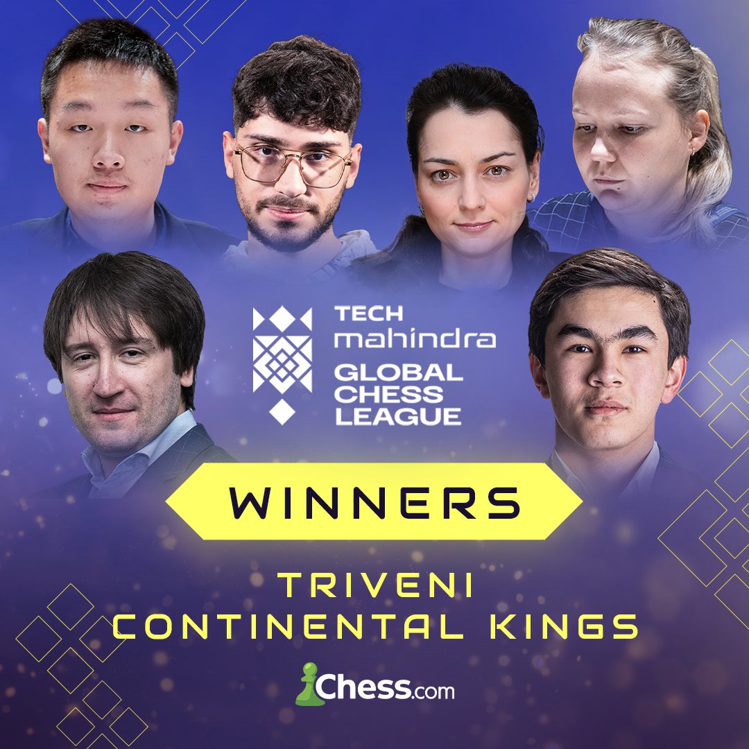 Chess.com (@chesscom) on Twitter photo Congratulations to <a href="/trivenickings/">Triveni Continental Kings</a> on winning the 2024 <a href="/GCLlive/">Tech Mahindra Global Chess League</a> after retaining their crown against the PBG Alaskan Knights! 👏
#TechMGCL Congratulations to <a href="/trivenickings/">Triveni Continental Kings</a> on winning the 2024 <a href="/GCLlive/">Tech Mahindra Global Chess League</a> after retaining their crown against the PBG Alaskan Knights! 👏
#TechMGCL