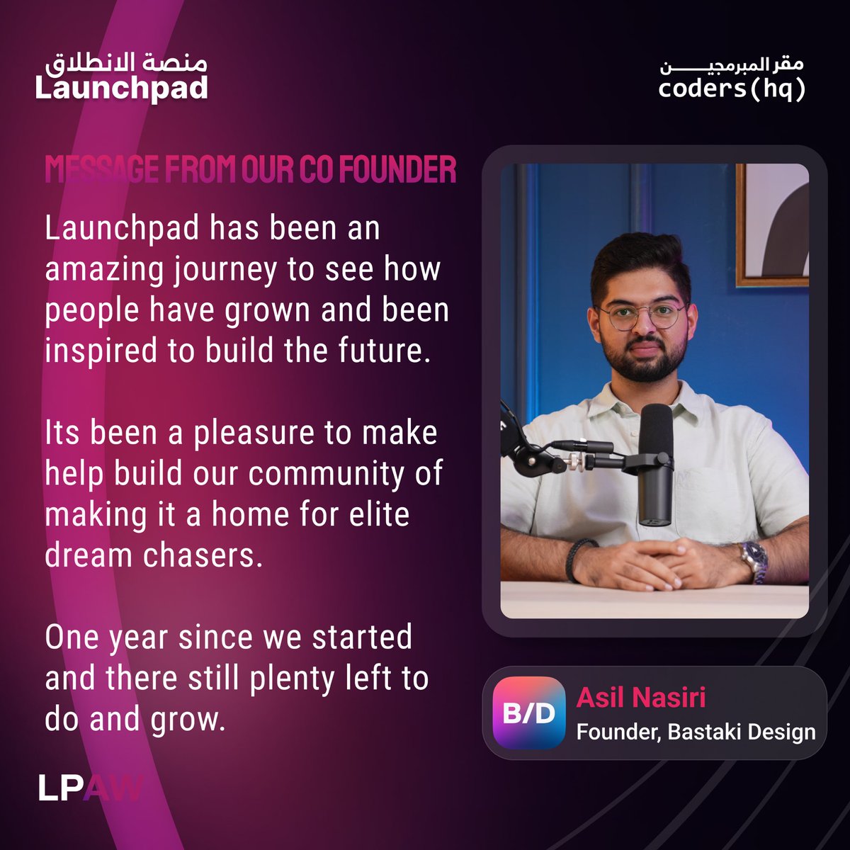coderslaunchpad's tweet image. Message from our Co-Founder, Asil Nasiri 🚀

⏰ Register for the Countdown Event now  using forms.gle/3mogcbcanDjQgR… 

#LPAW #AnniversaryWeek
