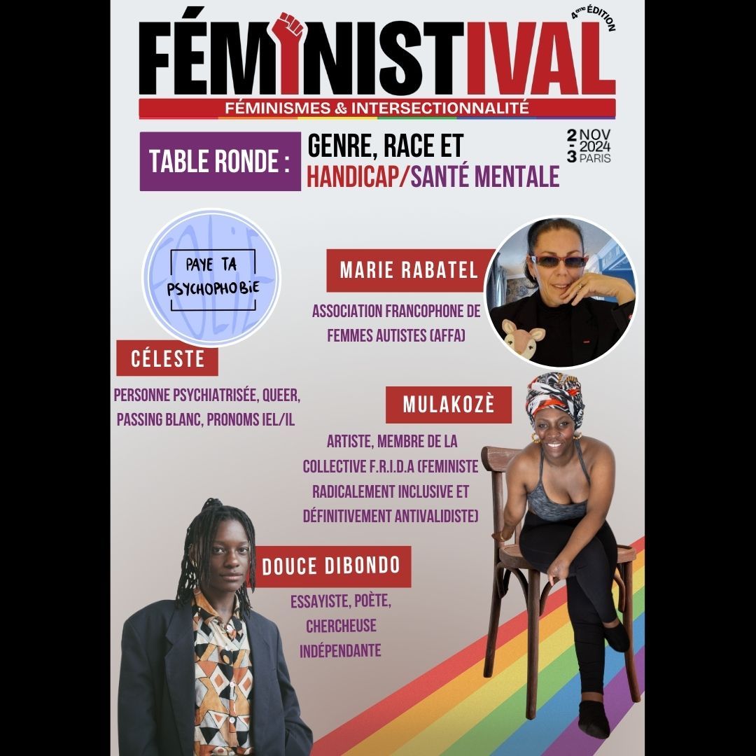 Les effronté·es (@effrontees) on Twitter photo 🔥 Genre, race et handicap / santé mentale
👉 TABLE RONDE du dimanche 3 novembre à 15h !
Avec <a href="/DouceDibondo/">Douce Dibondo</a>, Paye ta psychophobie, MULAKOZè et <a href="/rabatel_marie/">Rabatel Marie</a> 🔥💜
Ça va être passionnant ! 💪
#Feministival2024 #Feministival
Billetterie préventes 👇
helloasso.com/associations/l… 🔥 Genre, race et handicap / santé mentale
👉 TABLE RONDE du dimanche 3 novembre à 15h !
Avec <a href="/DouceDibondo/">Douce Dibondo</a>, Paye ta psychophobie, MULAKOZè et <a href="/rabatel_marie/">Rabatel Marie</a> 🔥💜
Ça va être passionnant ! 💪
#Feministival2024 #Feministival
Billetterie préventes 👇
helloasso.com/associations/l…