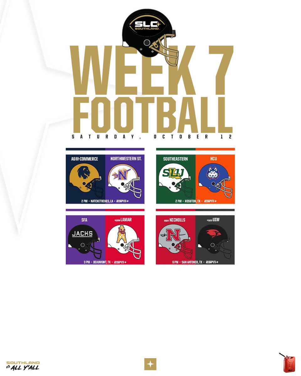 WEEK 7 WEEK 7 WEEK 7

We’ve got a FULL conference slate on tap with some massive match-ups across The Land including this week’s FCS Game of the Week in San Antonio!

#GTL