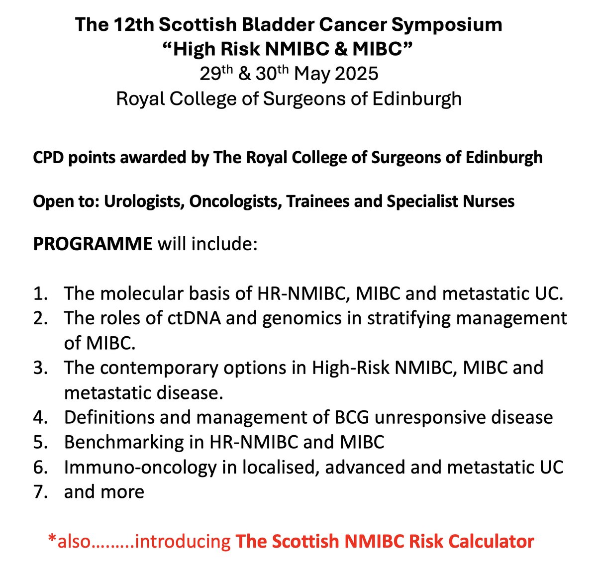 Prof Param Mariappan (@parammariappan) on Twitter photo SAVE THE DATES:
Come to Edinburgh and learn about Bladder Cancer!
🗓️ 29th & 30th May 2025
Registration will open in December 2024.
Spaces limited - DM or email param.mariappan@nhs.scot to secure a space early.
<a href="/Uroweb/">European Association of Urology (EAU)</a> <a href="/BAUSurology/">BAUS</a> <a href="/BSoT_UK/">BSoT</a> SAVE THE DATES:
Come to Edinburgh and learn about Bladder Cancer!
🗓️ 29th & 30th May 2025
Registration will open in December 2024.
Spaces limited - DM or email param.mariappan@nhs.scot to secure a space early.
<a href="/Uroweb/">European Association of Urology (EAU)</a> <a href="/BAUSurology/">BAUS</a> <a href="/BSoT_UK/">BSoT</a>