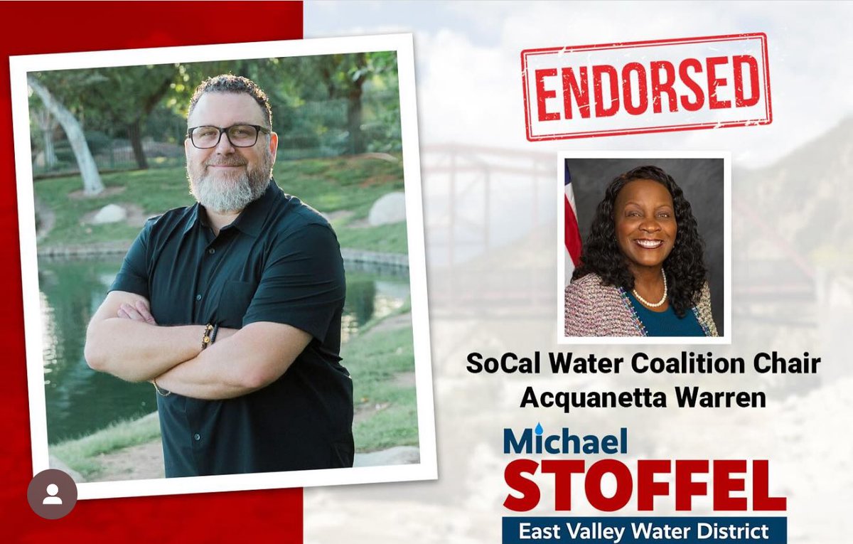 I’m honored to have the support of my longtime friend and colleague, Mayor Acquanetta Warren, for my campaign for the East Valley Water District Board of Directors. 
Acquanetta’s leadership in water conservation and infrastructure has inspired me over the years, and her
