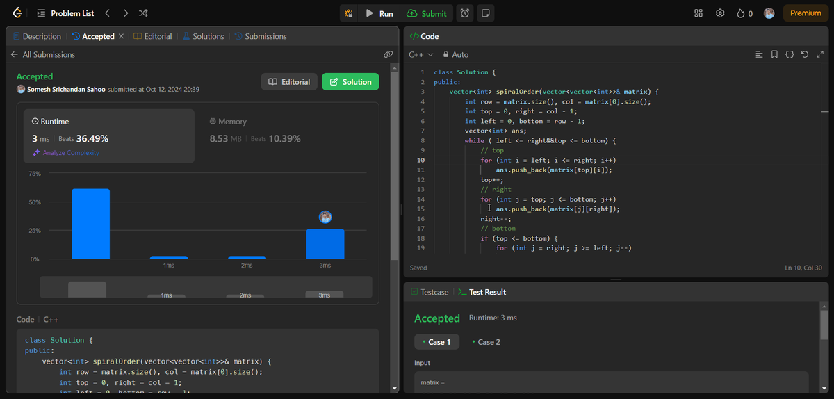 me__somesh's tweet image. Day 19 of the #75daysofleetcode challenge! 🔄 Solved #TransposeMatrix and #SpiralMatrix problems today. Continuing to unravel the mysteries of #DSA! 💪 #LeetCode #Challenge #CodingJourney #100DaysOfCode #CodeNewbie #programming