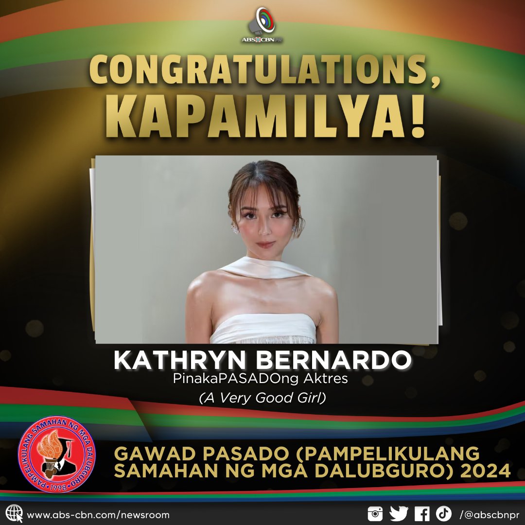 ABSCBNpr's tweet photo. Pagbati, #KathrynBernardo, sa pagiging PinakaPASADOng Aktres. Ipinagmamalaki ka namin, Kapamilya! ♥️💚💙 https://t.co/1yFbREVFFf