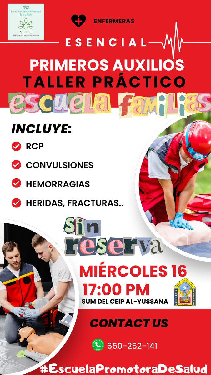 ¡No te pierdas nuestro taller de primeros auxilios!
Aprenderás técnicas esenciales para cuidar a tus hijos. ️
Miércoles 16 a las 17:00h. SUM del CEIP Al-Yussana. 650-252-141.
 #PrimerosAuxilios #SaludInfantil #TallerGratis