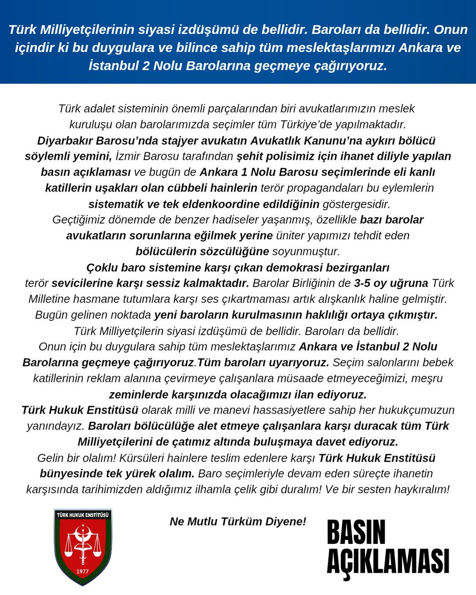 Türk Milliyetçilerin siyasi izdüşümü de bellidir. Baroları da bellidir. Onun içindir ki bu duygulara ve bilince sahip tüm meslektaşlarımızı Ankara ve İstanbul 2 Nolu Barolarına geçmeye çağırıyoruz.