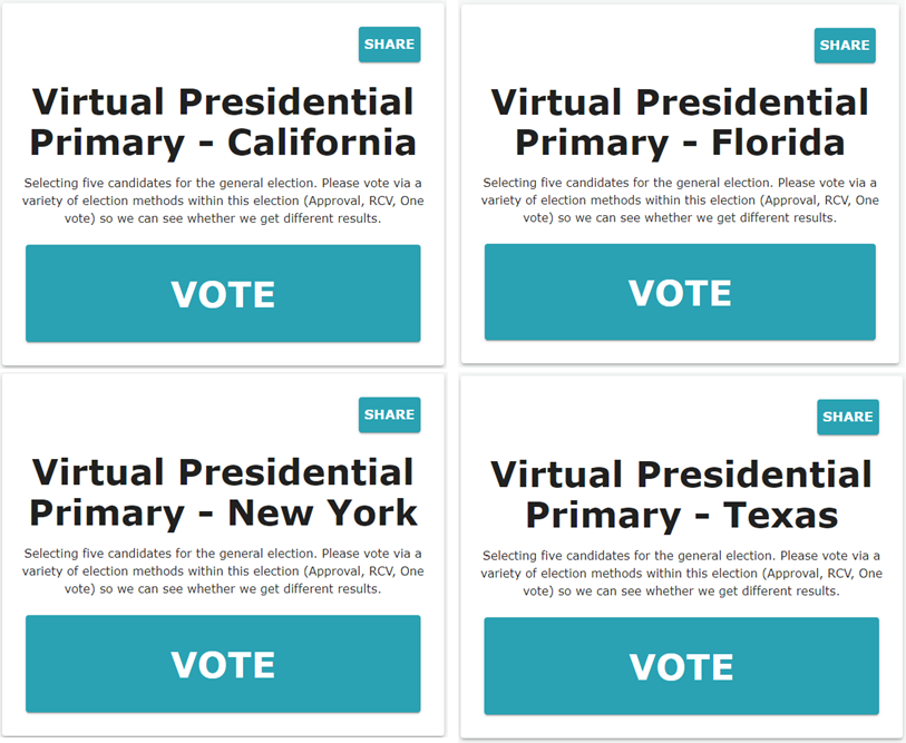 WhatIfRCV's tweet image. It’s not too late to find out how our election might go with different candidates and what it would be like if you could express your true preferences. There’s a virtual presidential primary election going on right now with your state’s name on it. Visit What If RCV, find your…