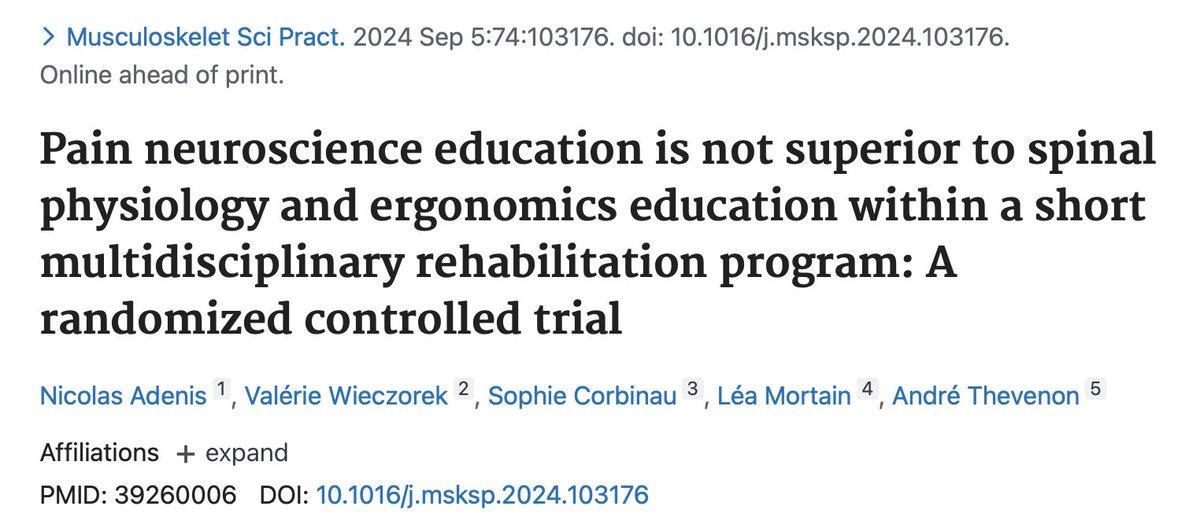 URePSSS (@urepsss_lab) on Twitter photo DOI: 10.1016/j.msksp.2024.103176. L'éducation aux neurosciences de la douleur n'est pas supérieure à une éducation à la physiologie rachidienne et l'ergonomie au sein d'un court programme de réadaptation multidisciplinaire pour la lombalgie chronique <a href="/RechercheUlille/">Recherche - Université de Lille</a> DOI: 10.1016/j.msksp.2024.103176. L'éducation aux neurosciences de la douleur n'est pas supérieure à une éducation à la physiologie rachidienne et l'ergonomie au sein d'un court programme de réadaptation multidisciplinaire pour la lombalgie chronique <a href="/RechercheUlille/">Recherche - Université de Lille</a>