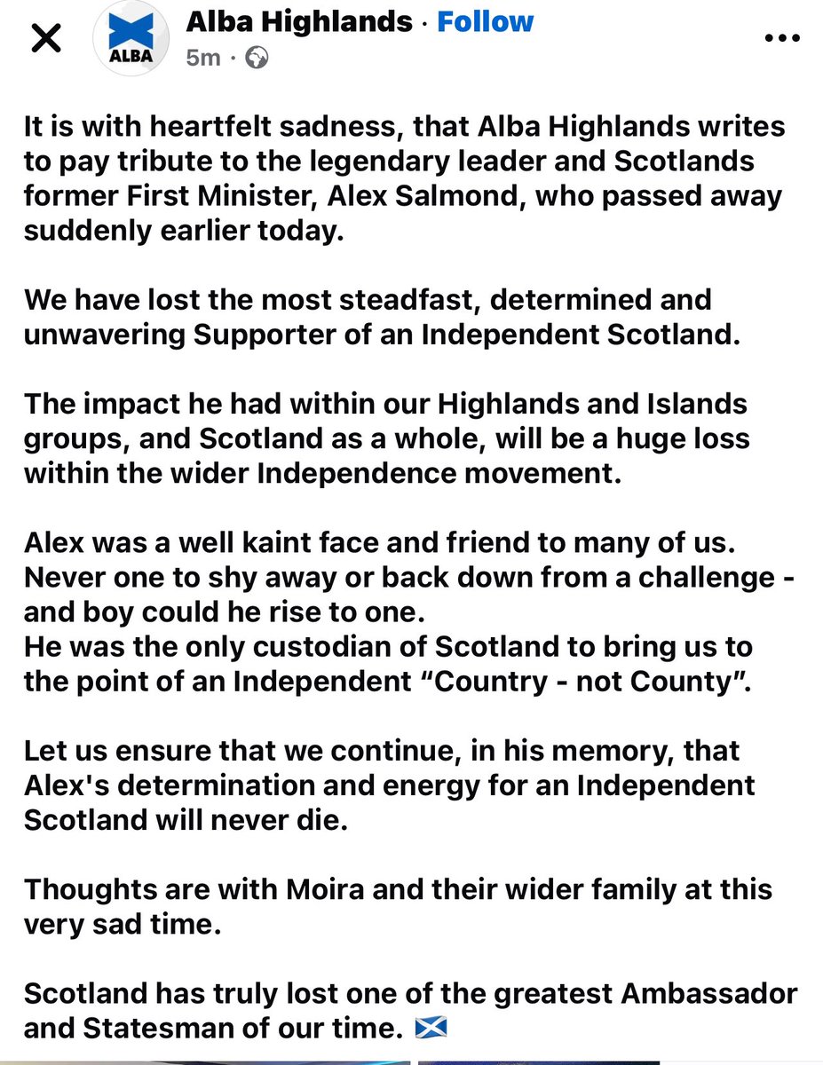 AlbaHighlands's tweet photo. Alba Highlands sends its condolences to Moira and all Alex’s family.
Rest in peace Alex Salmond https://t.co/xyMcxk2o3L