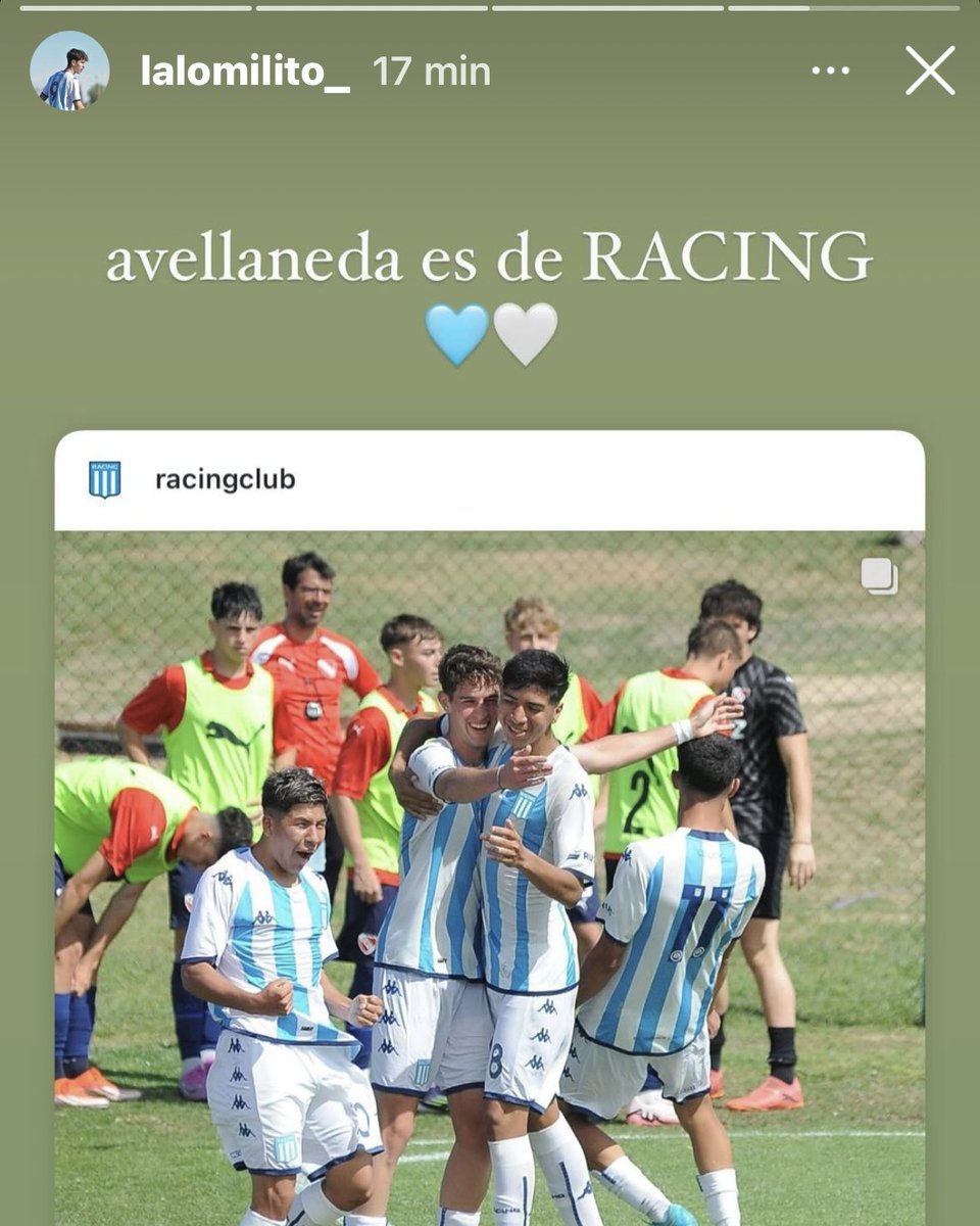 "AVELLANEDA ES DE RACING" 😍🩵

👉🏻 El mensaje de LEANDRO MILITO, hijo del Príncipe, luego del triunfo de la Sexta División ante Independiente.