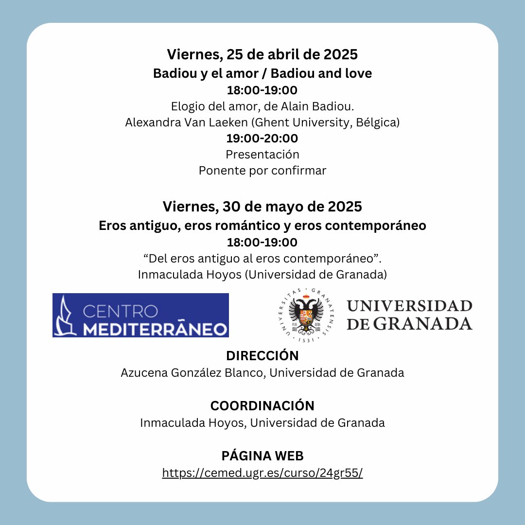 ASETEL. Asociación Española Teoría Literatura (@asetelteoria) on Twitter photo El próximo 25 de octubre comenzará en la UGR <a href="/CanalUGR/">Universidad Granada</a> la tercera edición del SEMINARIO DE INVESTIGACIÓN BIOPOL: "POLÍTICAS DEL EROS. HACIA UNA BIOPOLÍTICA DE LA VIDA BUENA". Se llevará a cabo de forma presencial y telemática hasta el 30 de mayo de 2025.
cemed.ugr.es/curso/24gr55/ El próximo 25 de octubre comenzará en la UGR <a href="/CanalUGR/">Universidad Granada</a> la tercera edición del SEMINARIO DE INVESTIGACIÓN BIOPOL: "POLÍTICAS DEL EROS. HACIA UNA BIOPOLÍTICA DE LA VIDA BUENA". Se llevará a cabo de forma presencial y telemática hasta el 30 de mayo de 2025.
cemed.ugr.es/curso/24gr55/