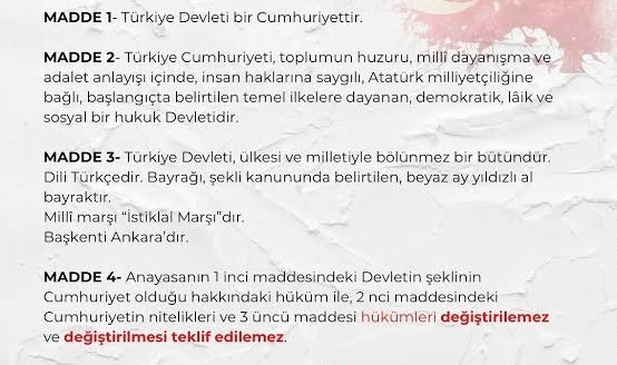 Anayasanın ilk 4 maddesi değiştirilemez, değiştirilmesi teklif dahi edilemez!
#AnayasaDeğiştirilemez #Anayasa