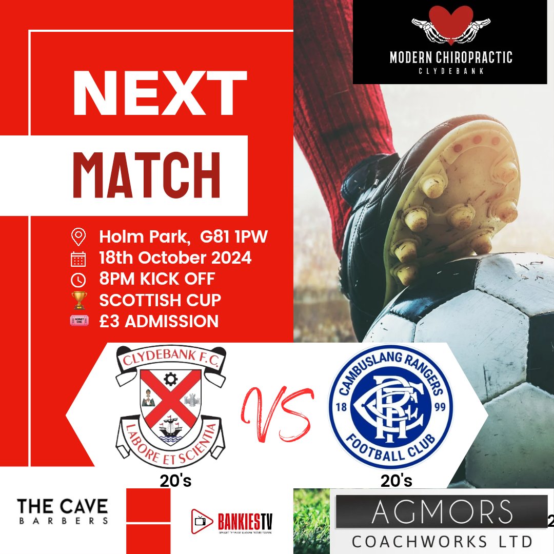 M.x (@lil_miss_20036) on Twitter photo <a href="/ClydebankFCU20/">Clydebank FC U20</a> Next Match Details.
🏆 - Scottish Cup
🆚️ - <a href="/u20s_CambyR/">Glasgow United 2010’s</a>
📍 - Holm Park, G81 1PW
🗓 - Friday 18th October 2024
🕗 - 8PM Kick Off
🎟 - £3 Admission <a href="/ClydebankFCU20/">Clydebank FC U20</a> Next Match Details.
🏆 - Scottish Cup
🆚️ - <a href="/u20s_CambyR/">Glasgow United 2010’s</a>
📍 - Holm Park, G81 1PW
🗓 - Friday 18th October 2024
🕗 - 8PM Kick Off
🎟 - £3 Admission