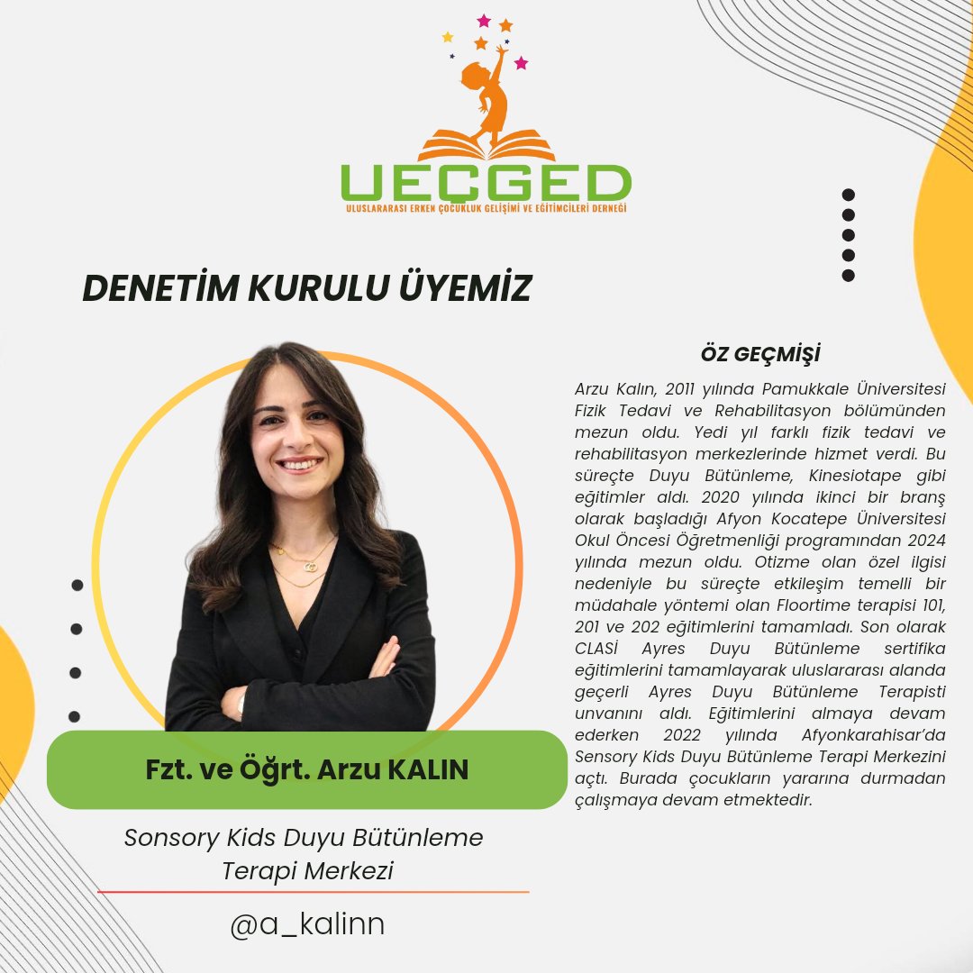 Değerli  Denetim Kurulu Üyemiz Arzu KALIN, Uluslararası Erken Çocukluk Gelişimi ve Eğitimcileri Derneği ailesinin bir parçası olmuştur. Kendisinin deneyim ve katkılarıyla birlikte daha da güçlüyüz.