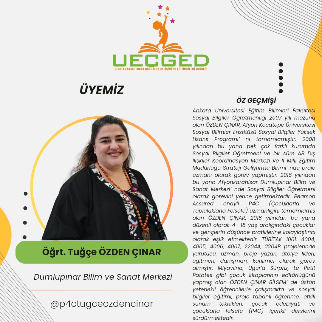 Değerli  Üyemiz TuğçeÖZDEN ÇINAR, Uluslararası Erken Çocukluk Gelişimi ve Eğitimcileri Derneği ailesinin bir parçası olmuştur. Kendisinin deneyim ve katkılarıyla birlikte daha da güçlüyüz.