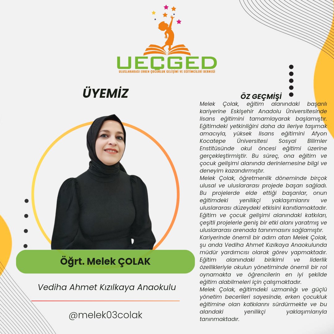 Değerli  Üyemiz Melek ÇOLAK, Uluslararası Erken Çocukluk Gelişimi ve Eğitimcileri Derneği ailesinin bir parçası olmuştur. Kendisinin deneyim ve katkılarıyla birlikte daha da güçlüyüz.