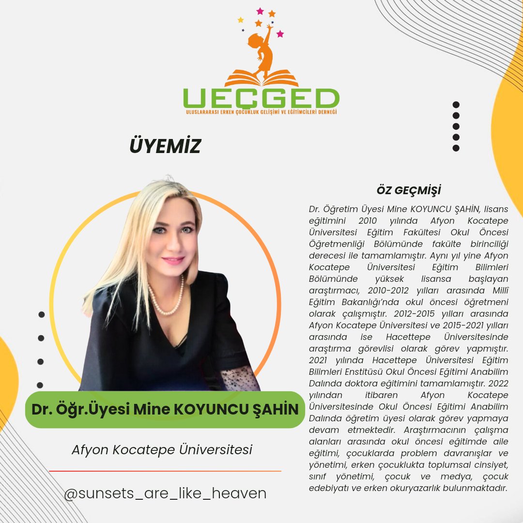 Değerli  Üyemiz MineKOYUNCU ŞAHİN, Uluslararası Erken Çocukluk Gelişimi ve Eğitimcileri Derneği ailesinin bir parçası olmuştur. Kendisinin deneyim ve katkılarıyla birlikte daha da güçlüyüz.