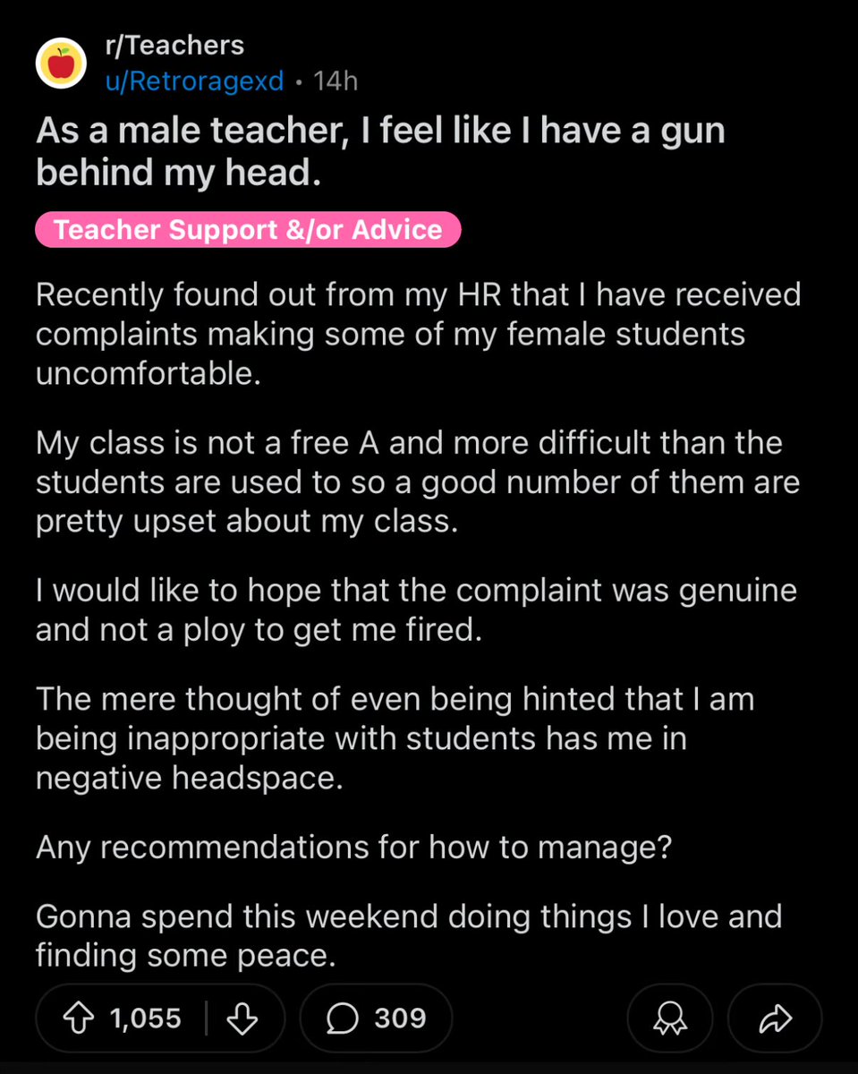His class is hard so the female students are making up fake SA accusations to get him fired.