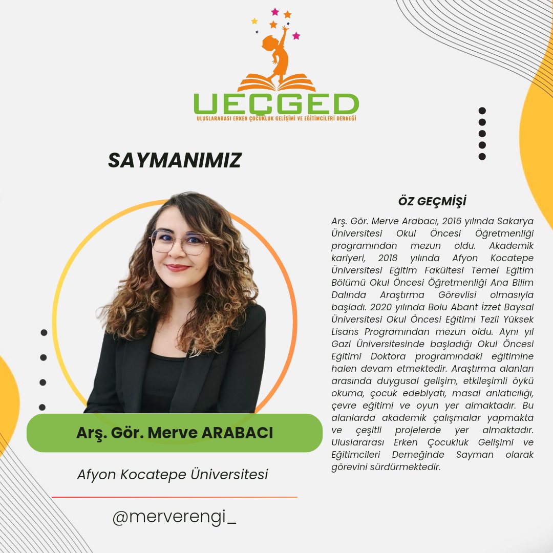 Değerli  Sayman Üyemiz Merve ARABACI, Uluslararası Erken Çocukluk Gelişimi ve Eğitimcileri Derneği ailesinin bir parçası olmuştur. Kendisinin deneyim ve katkılarıyla birlikte daha da güçlüyüz.