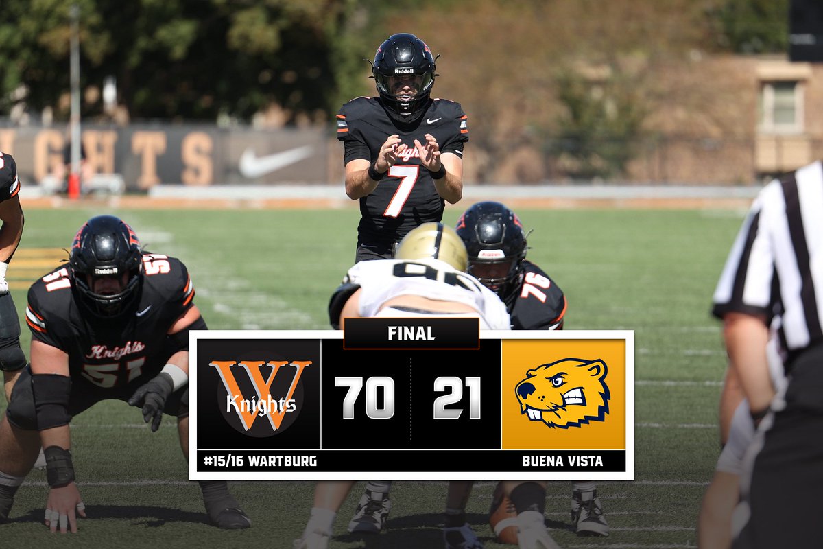 Knights win! 🔥

No. 15/16 Wartburg 70, Buena Vista 21.

Carter Markham: 12-16, 167 yards, 5 TDs (ties school record)
Drake George: 2 TD catches
Spencer Zinn: 2 rushing TDs
Adam Link: 7 tackles
#d3fb

🧵