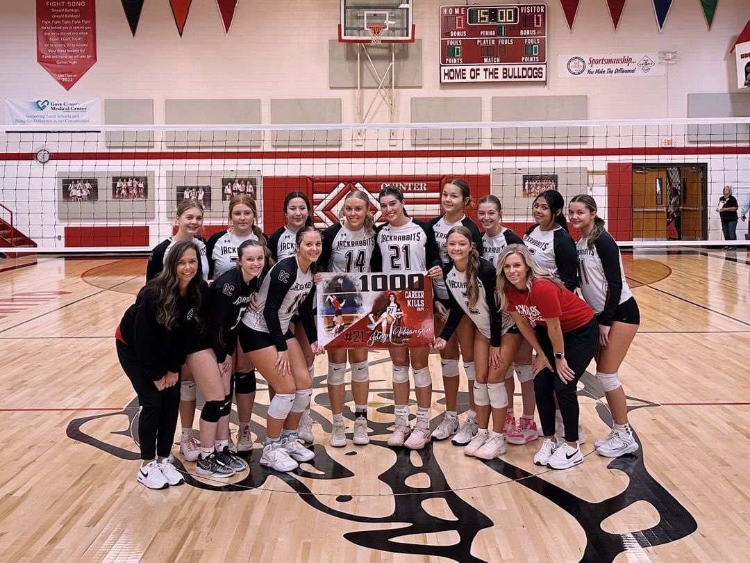 Jadyn Mangan of Greeley County (1A) passes 1,000 career kills at the NWKL league tournament today. #sportsinkansas