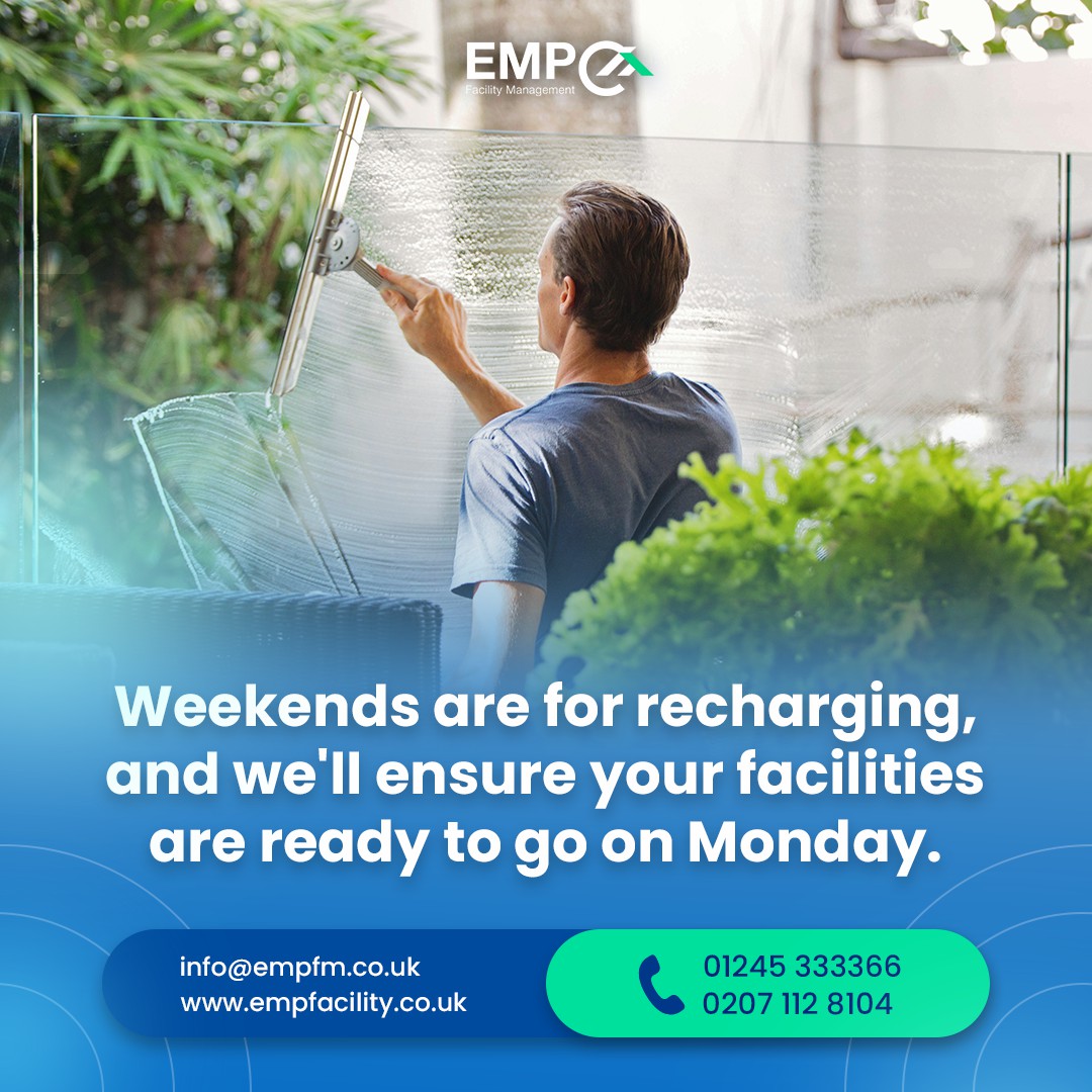 EMP_Facility's tweet photo. Enjoy your weekend while we take care of your facilities! 🌟

📞 Essex: 01245 333366 | London: 02071 128104
📧 info@empfm.co.uk
🔗 Explore our services: https://t.co/wk0LUaDypu

#EMP #EMPFacilityManagement #WeekendRecharge #MondayReady #FacilityManagement #CleanStart https://t.co/vbjEYQx4HV