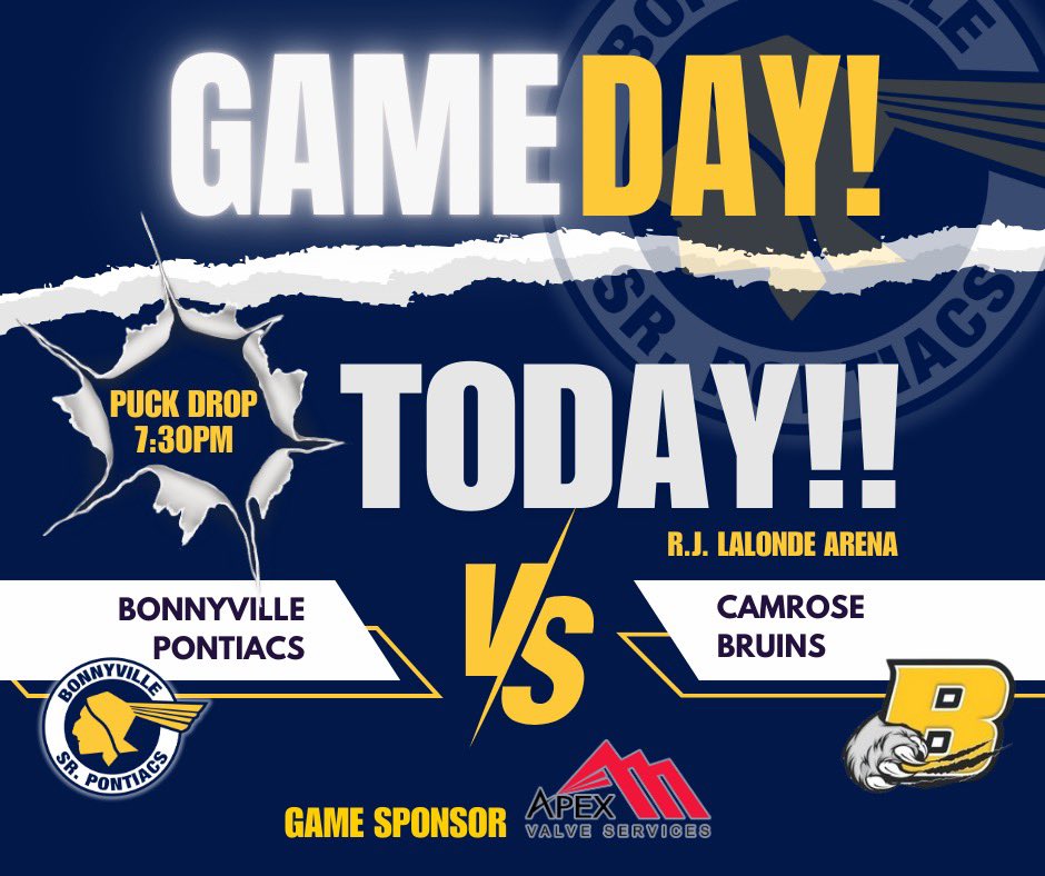 🔵🟡 Our season begins tonight on home ice. The Camrose Bruins visit the RJ Lalonde Arena for our season opener🔵🟡

🏒 Puck drop is at 7:30PM 
🎟️ 50/50 
🍺Nova Lounge open 

Thanks to our game day Sponsor Apex Valve Services !🚨🚨