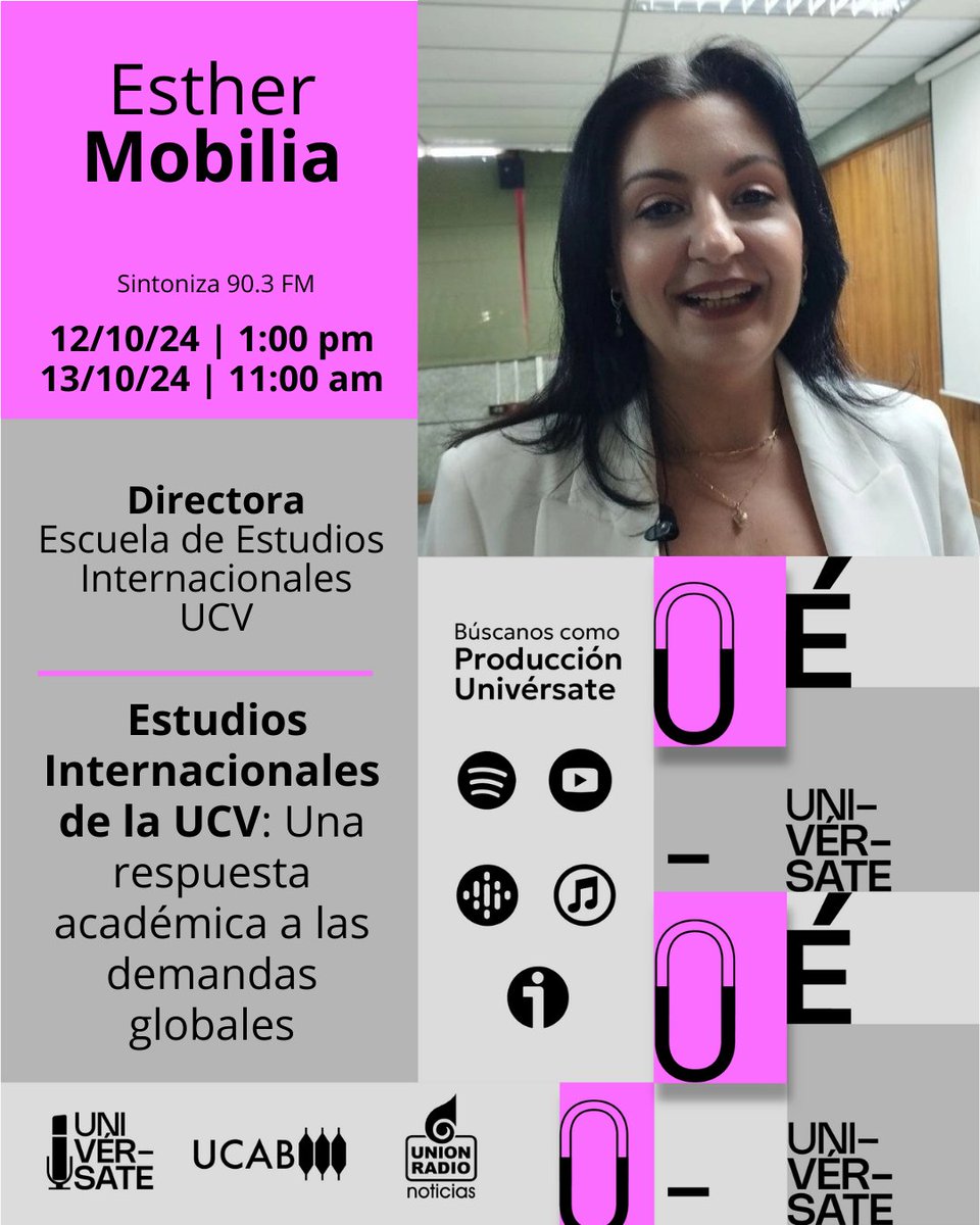 Univérsate (@universateradio) on Twitter photo Hoy, a la 1:00 pm, recibiremos a la profesora Esther Mobilia, directora de la <a href="/EEIUCVe/">Estudios Internacionales #UCV</a>, con quien conversaremos sobre la importancia de estos profesionales para Venezuela y el mundo.
Escucha la entrevista por:
🎙90.3 FM (CCS)
💻 mundour.com/live-urn/ Hoy, a la 1:00 pm, recibiremos a la profesora Esther Mobilia, directora de la <a href="/EEIUCVe/">Estudios Internacionales #UCV</a>, con quien conversaremos sobre la importancia de estos profesionales para Venezuela y el mundo.
Escucha la entrevista por:
🎙90.3 FM (CCS)
💻 mundour.com/live-urn/