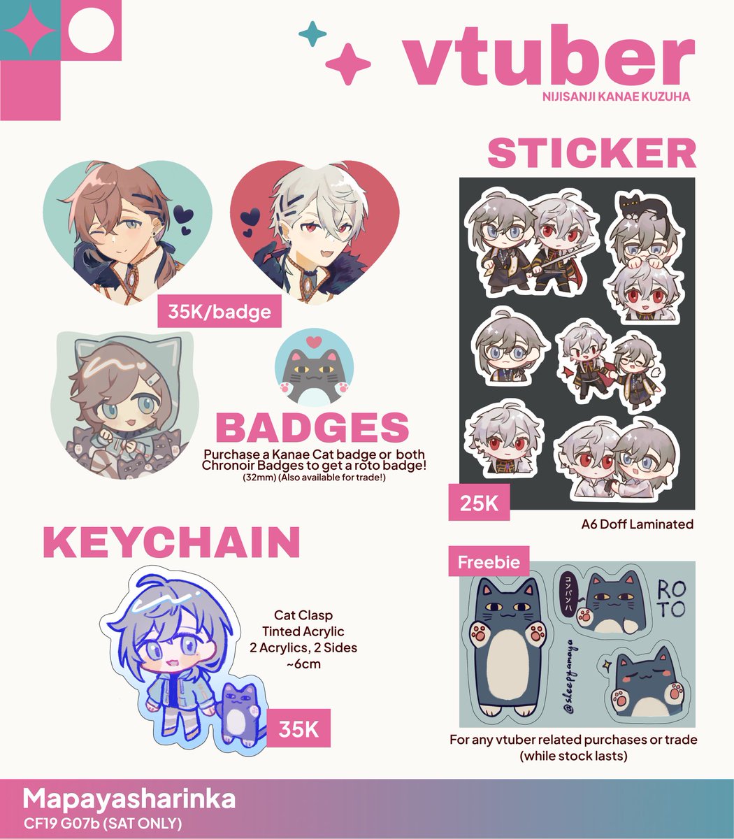 sleepyamaya's tweet photo. [RT and ❤️ are appreciated]

Hello! I'm opening flash PO for #comifuro19 (pick-up only)

🗓️ 12-18 October 2024
📍 Pick up (DAY 1) at G07b
🍮 Fandom: HSR (Aventurine), Nijisanji (Chronoir, Kanae, Roto (?))

🔗 https://t.co/xtAR57p0oy

#cf19 #cf19catalogue https://t.co/FJPgEFbEOX