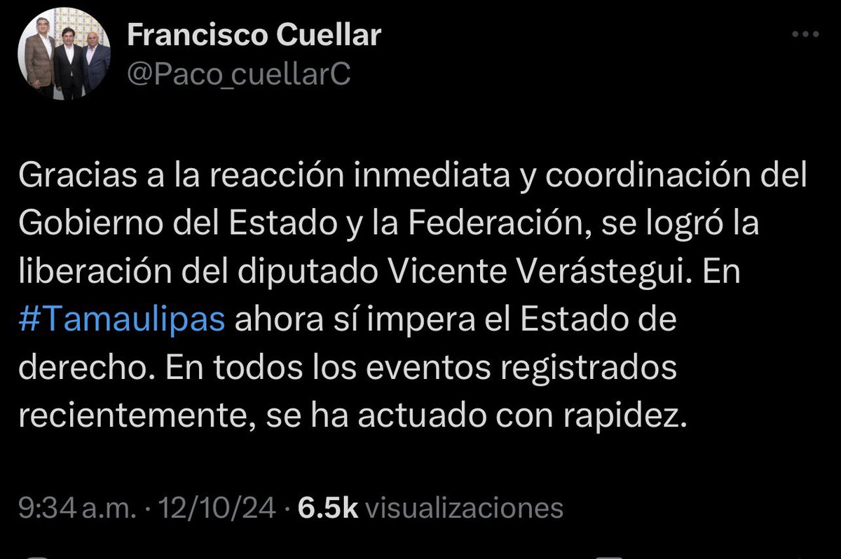 Fue liberado gracias a mega operativo el Diputado Vicente Verástegui. En #Tamaulipas ahora sí impera el estado de derecho <a href="/Paco_cuellarC/">Francisco Cuellar</a> 

#QueNoSeLePase facebook.com/share/p/15A1pR… #Xicoténcatl  #cdvictoria
