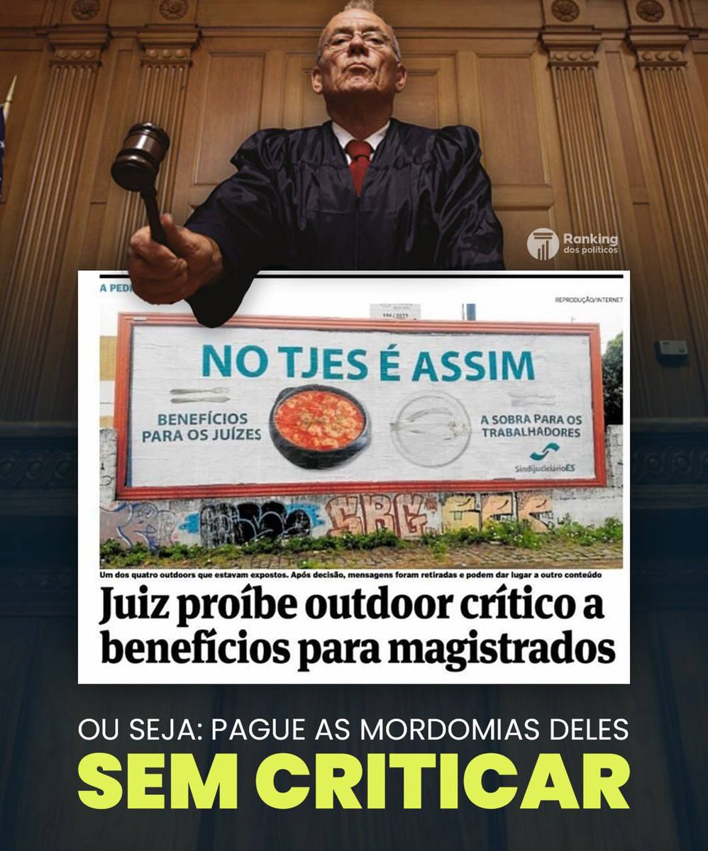 Eis a Justiça brasileira: pague o quanto eles acham que devem ganhar - já que muitas vezes eles próprios sobem seus salários e aprovam os próprios benefícios - e não tenha nem o direito de criticar.

Me siga, curta e compartilhe🔽
