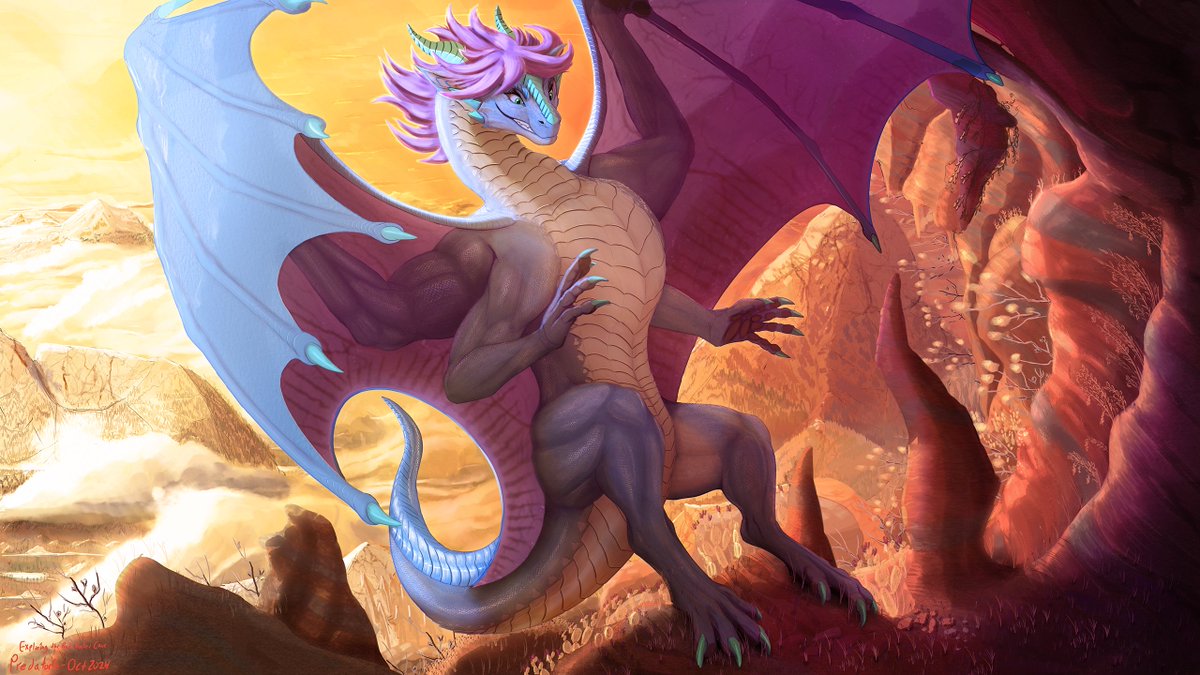 This is a gift art I made for XenXan, of their character, Xenya.  She's landing at the mouth of a rather precarious cave that's perched high up on a desert cliff as the last golden rays of sun shine across the plains below.